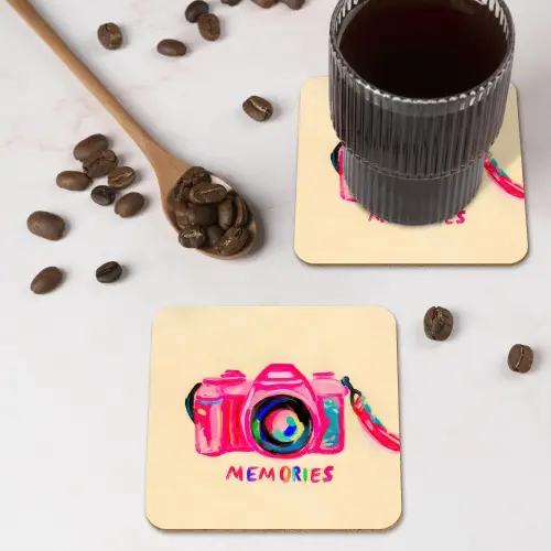 Camera - Memories - Roze - Geschilderd onderzetter kurk middel -sfeer2
