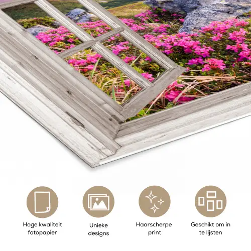 Bergen - Landschap - Doorkijk - Bloemen - Avond - Roze poster papier klein -closeup_NL