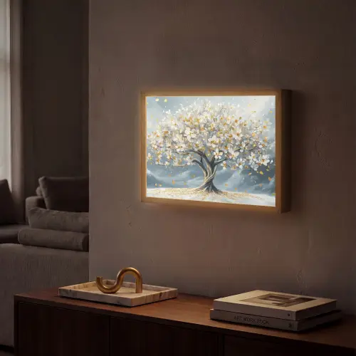 Boom - Winter - Levensboom - Modern - Goud Light Box met batterij (Wandlamp) middel -sfeer1