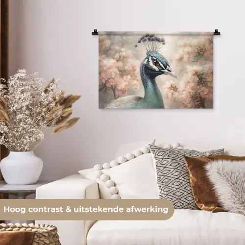 Pauw - Vogels - Bloemen - Boom - Botanisch Wandkleed katoen klein -sfeer1
