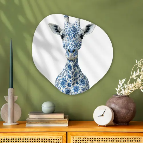 Giraffe - Delfts blauw - Dieren - Minimalistisch Wandcirkel Organisch Aluminium middel -sfeer2