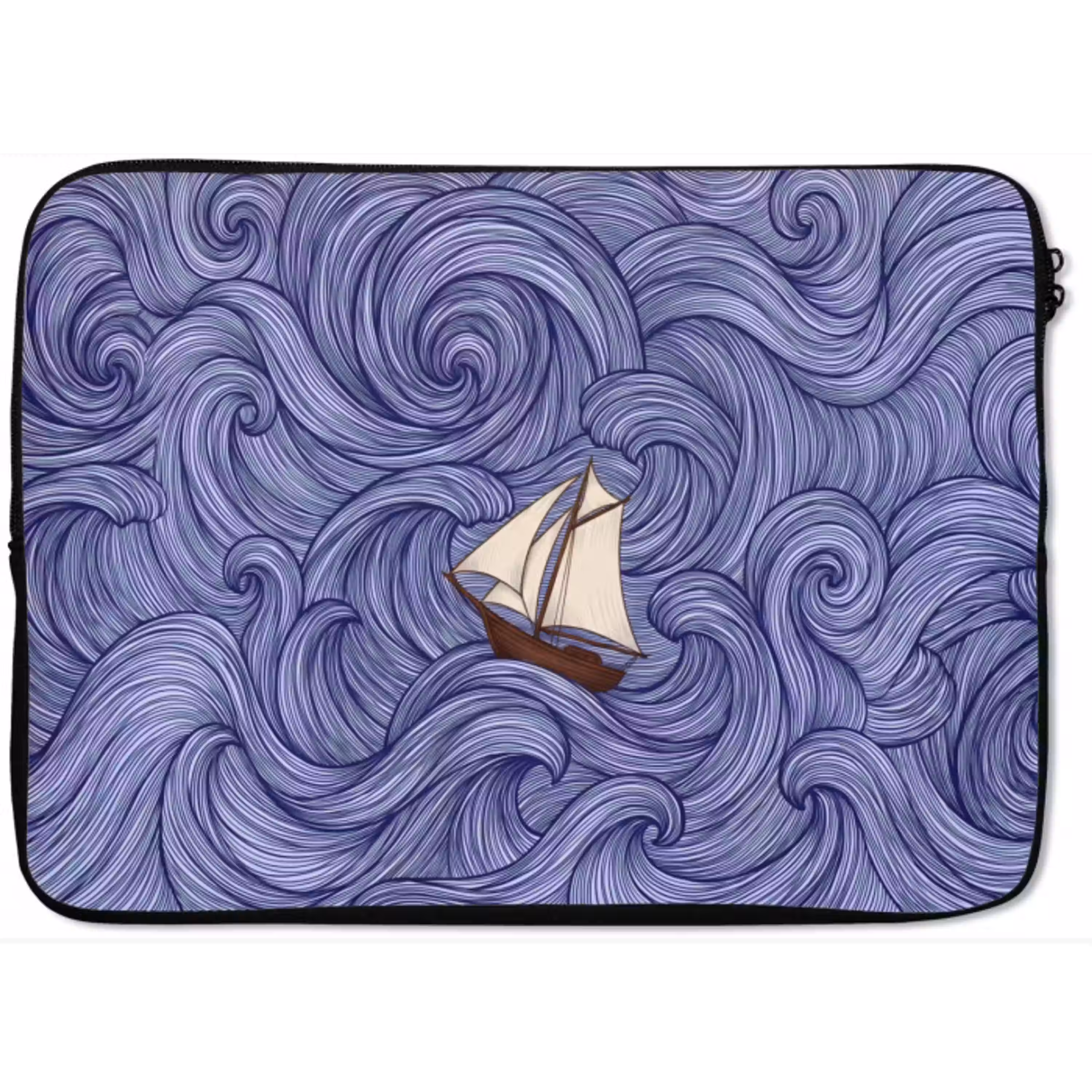 Schip - Golven - Zee - Illustratie - Blauw laptophoes neopreen klein -zkaufland3dotto