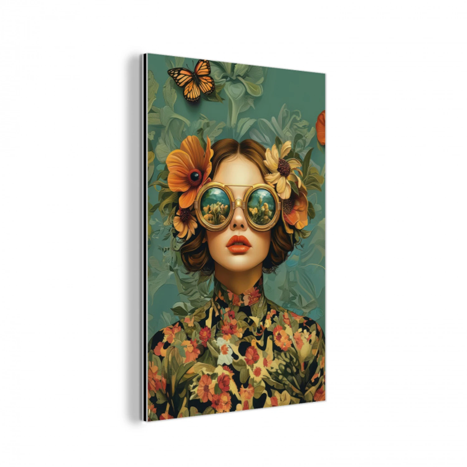 Vrouw - Bloemen - Vlinders - Natuur - Vintage aluminium wit klein -3d