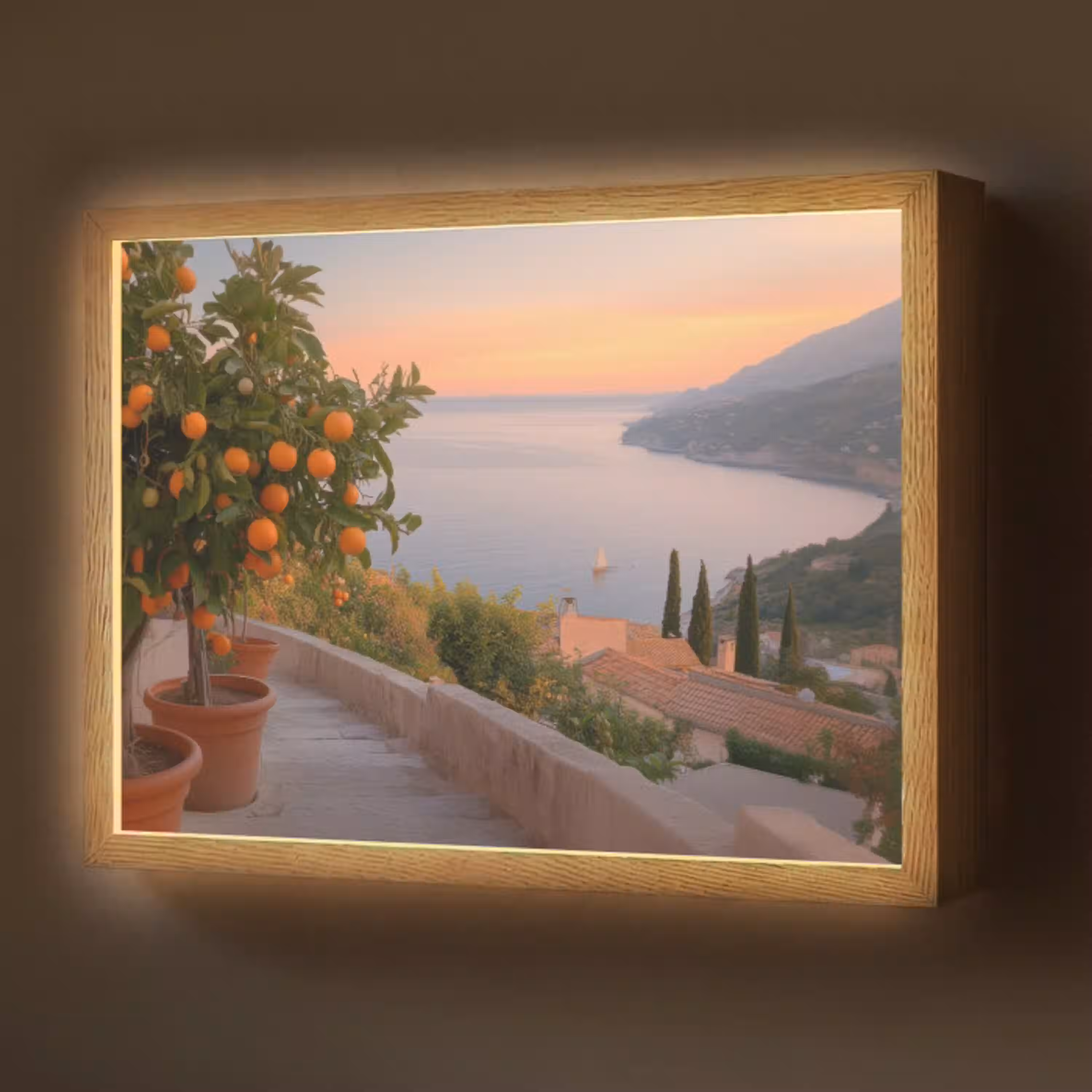 Middelandse zee - Sinaasappel - Heuvels - Zee Light Box met batterij (Wandlamp) middel -z3d_website