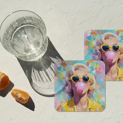 Vrouw - Blond - Roze kauwgom - Kleurrijk - Pastel onderzetter kurk middel -sfeer4