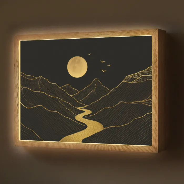 Rivier - Goud - Maan - Vogels Light Box met batterij (Wandlamp) middel -z3d_website