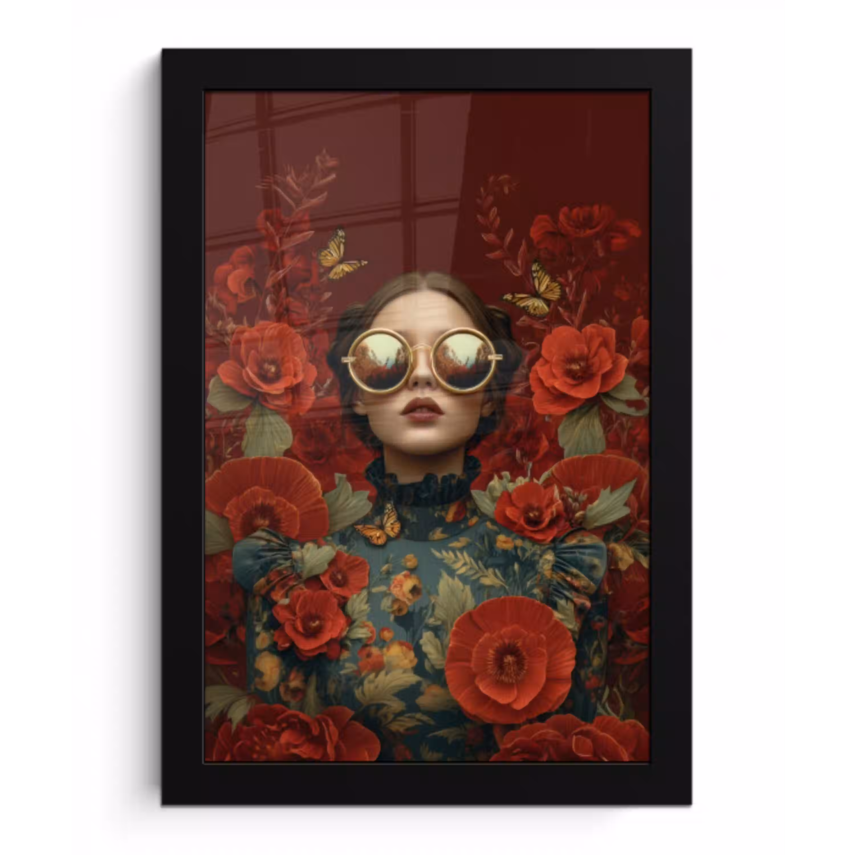 Bloemen - Dieprood - Zonnebril - Vrouw fotolijst zwart zonder passe partout klein -3d