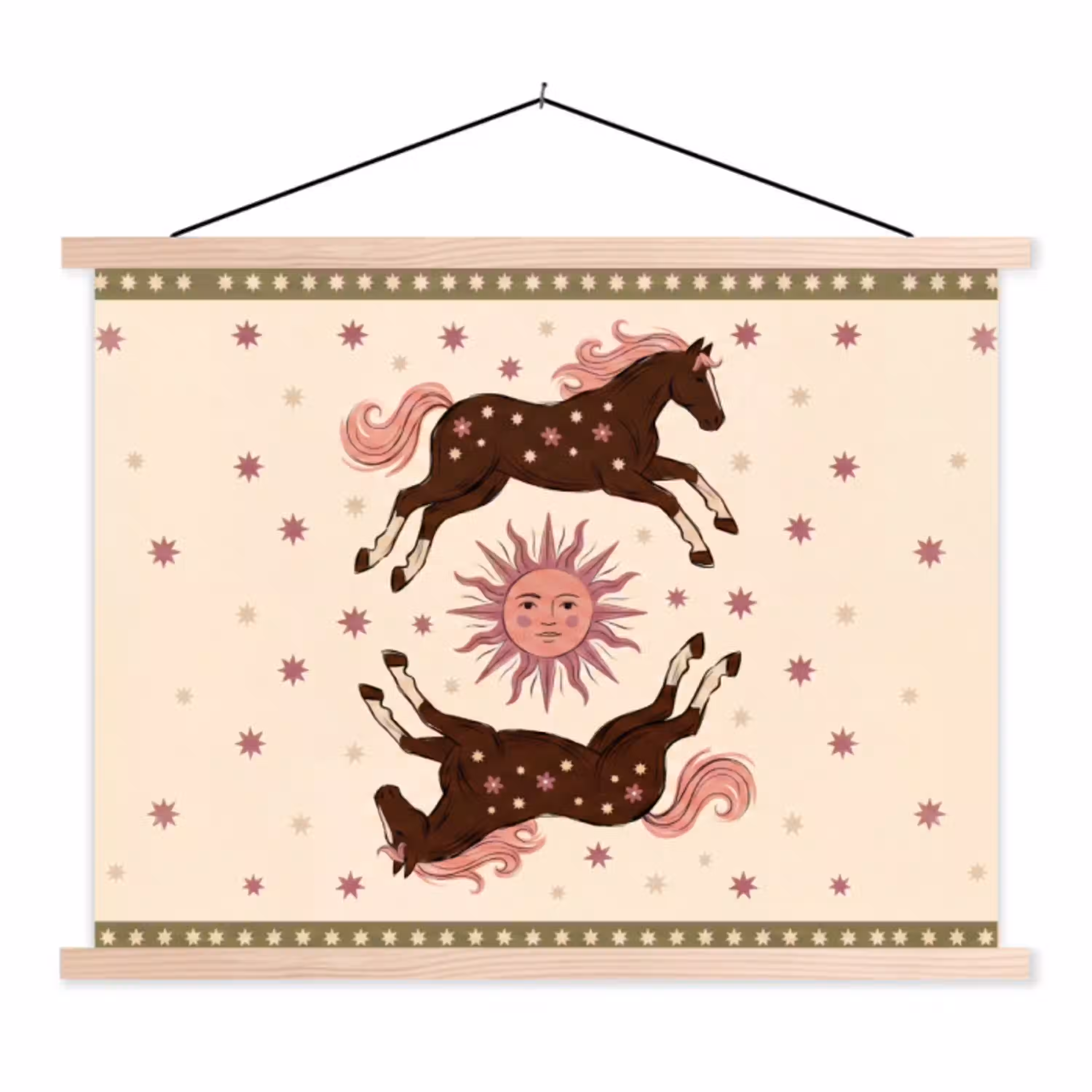 Paard - Zon - Mystiek - Illustratie - Roze textielposter latten blank klein -3d
