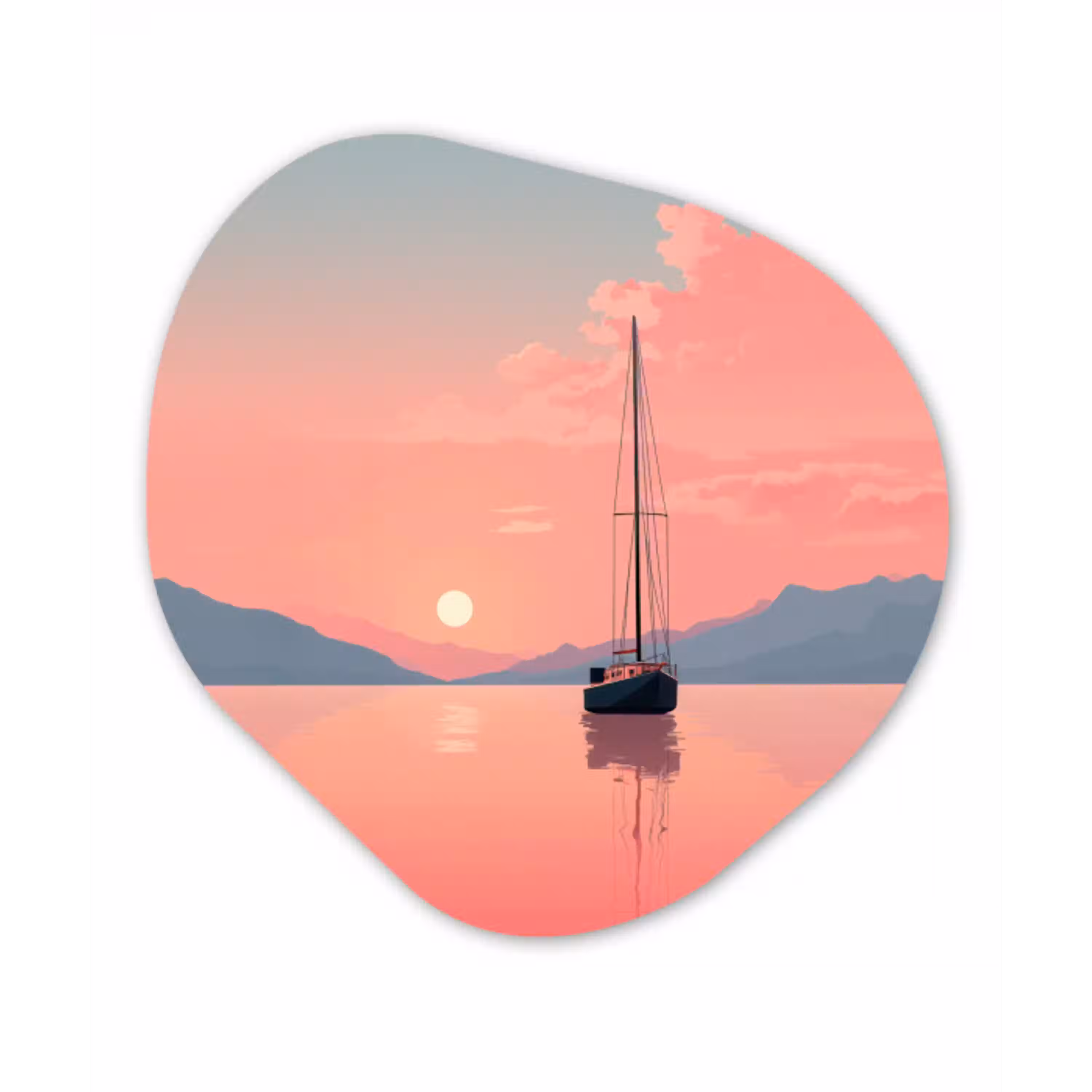 Zeilboot - Roze zee - Zonsondergang - Bergen Wandcirkel Organisch Forex 3mm klein -3d
