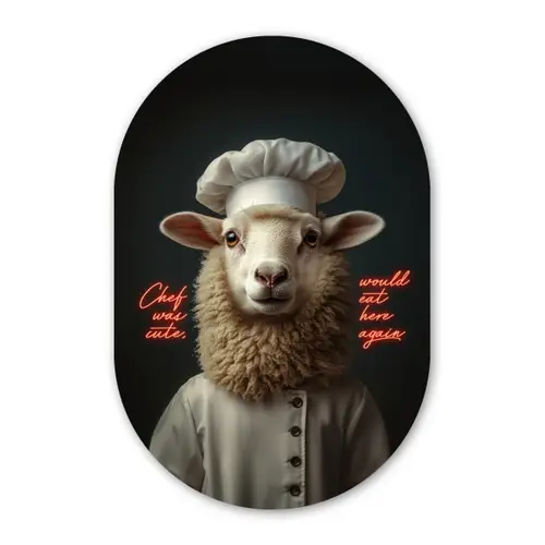 Schaap - Kokskleding - Neon - Quote Wandcirkel Ovaal Glas middel -3d