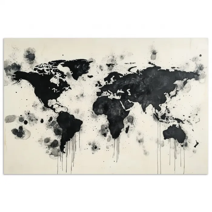 Wereldkaart - Zwart - Inkt poster papier klein -3d