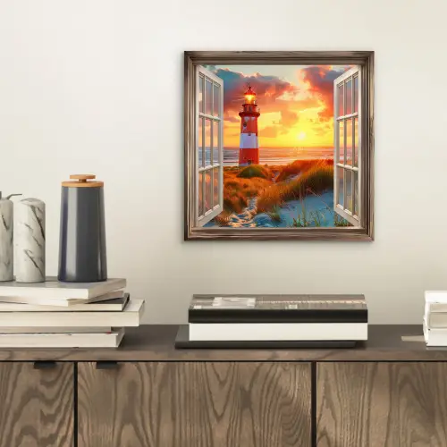 Doorkijk - Raam - Vuurtoren - Zonsondergang - Strand aluminium wit klein -sfeer1