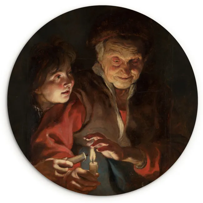 Oude vrouw en jongen met kaarsen - Schilderij van Peter Paul Rubens Wandcirkel kunststof plaat 5mm dik klein -3d