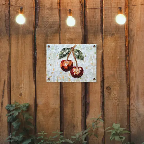 Kersen - Rood - Mozaïek - Blaadjes tuinposter los doek klein -sfeer1