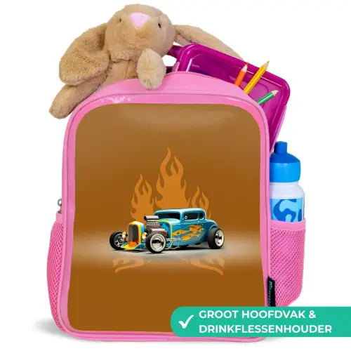 Blauwe auto met gele vlammen Kinderrugzak - Roze middel -inhoud_NL