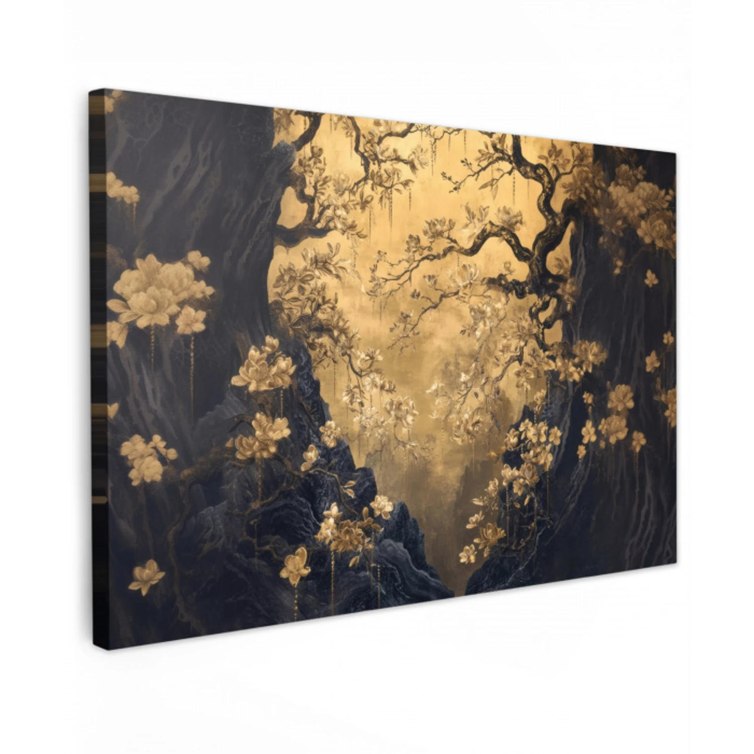 Bloemen - Takken - Goud - Sierlijk Tuinposter op houten frame 2 cm dik klein -3d