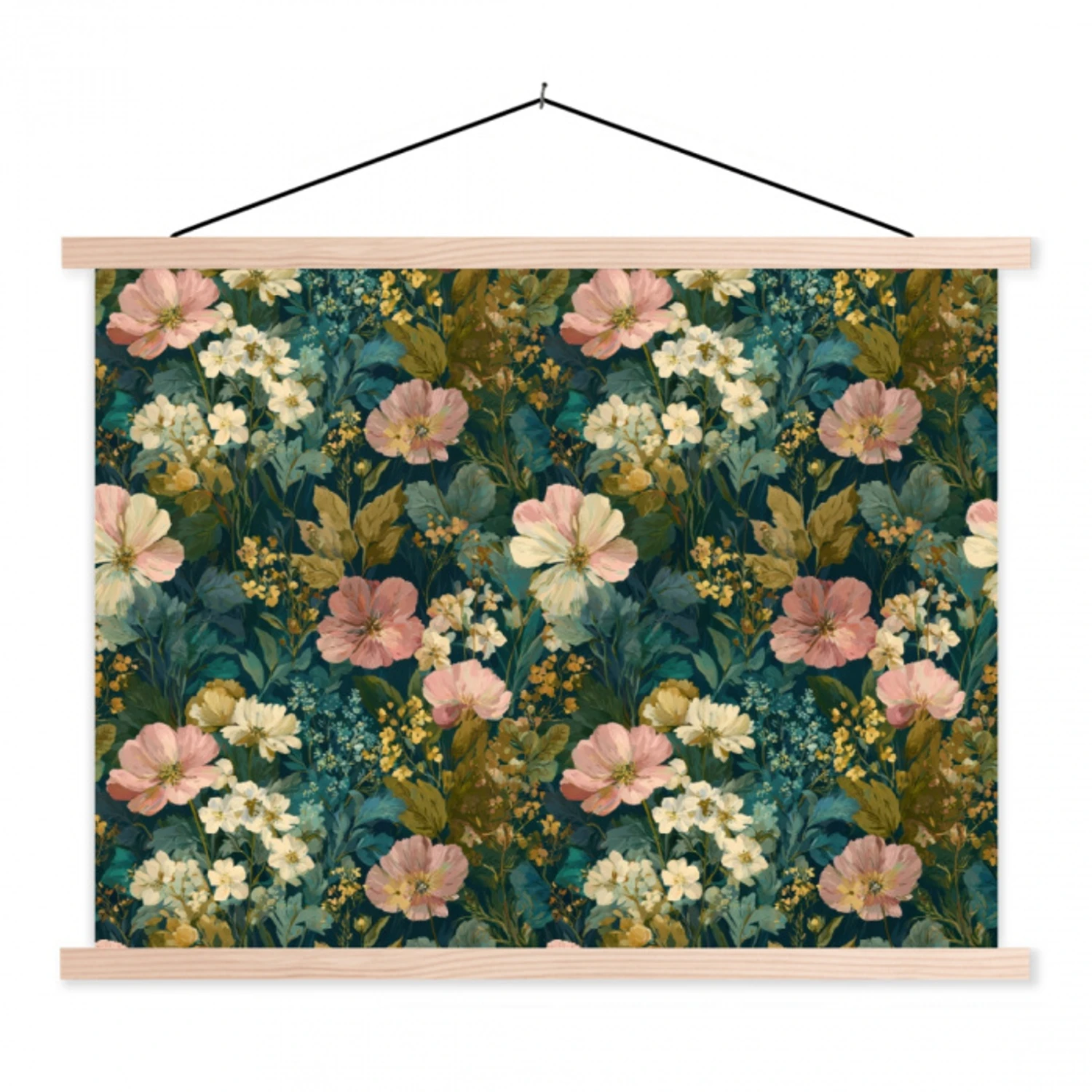 Wilde bloemen - Botanisch - Patroon - Roze - Romantisch textielposter latten blank klein 122 -3d