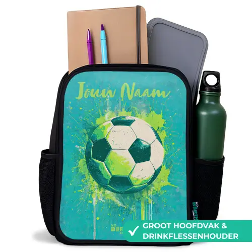 Voetbalvibes - Verfspatten - Groen - Blauw Rugzak - Zwart middel -inhoud_NL