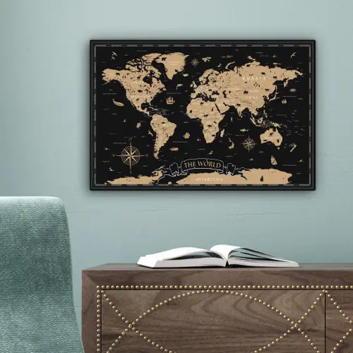 Wereldkaart - Beige - Zwart canvas 2cm klein -sfeer4