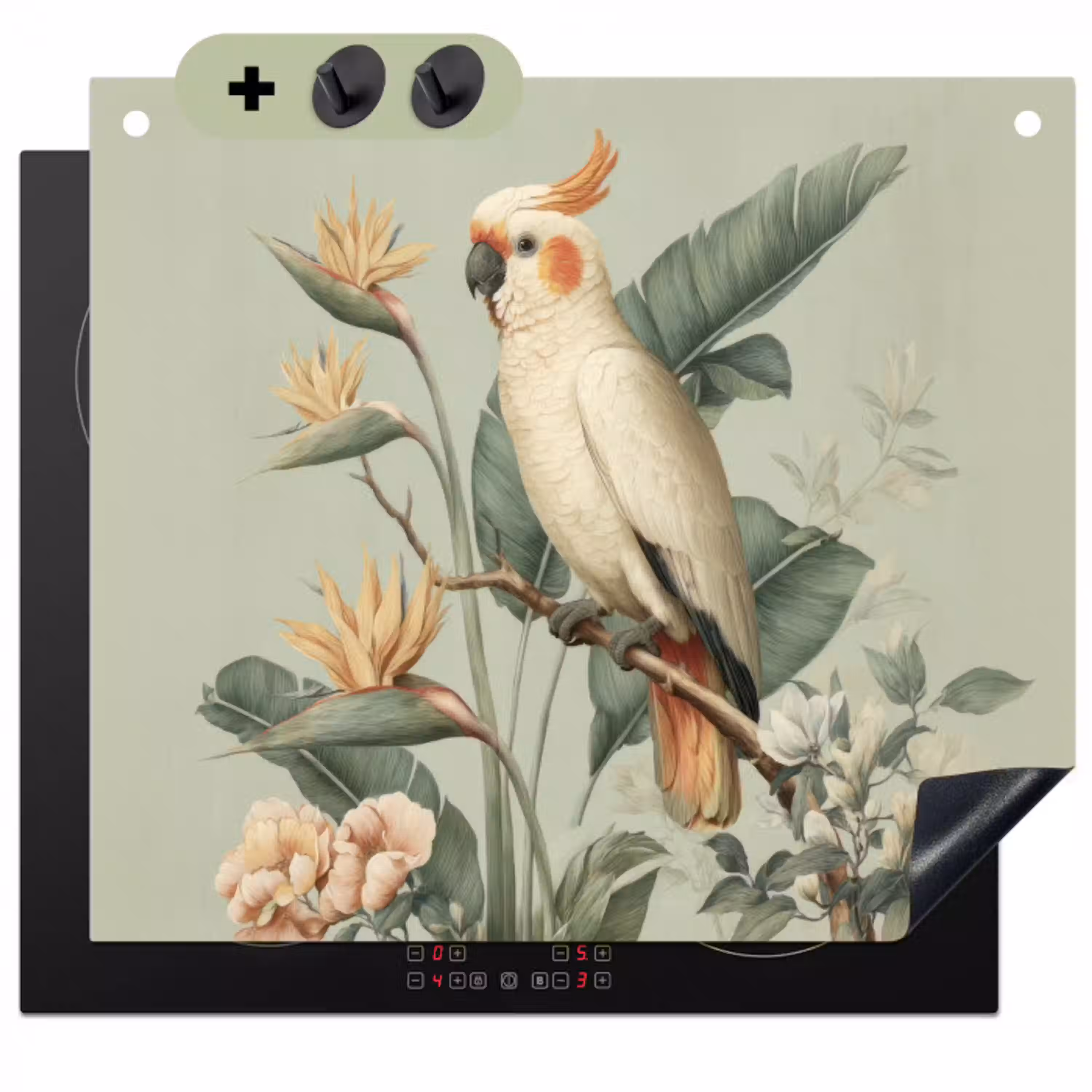 Gele kuifkaketoe - paradijsvogelbloemen - Groen Inductie beschemer met haakjes klein -3d