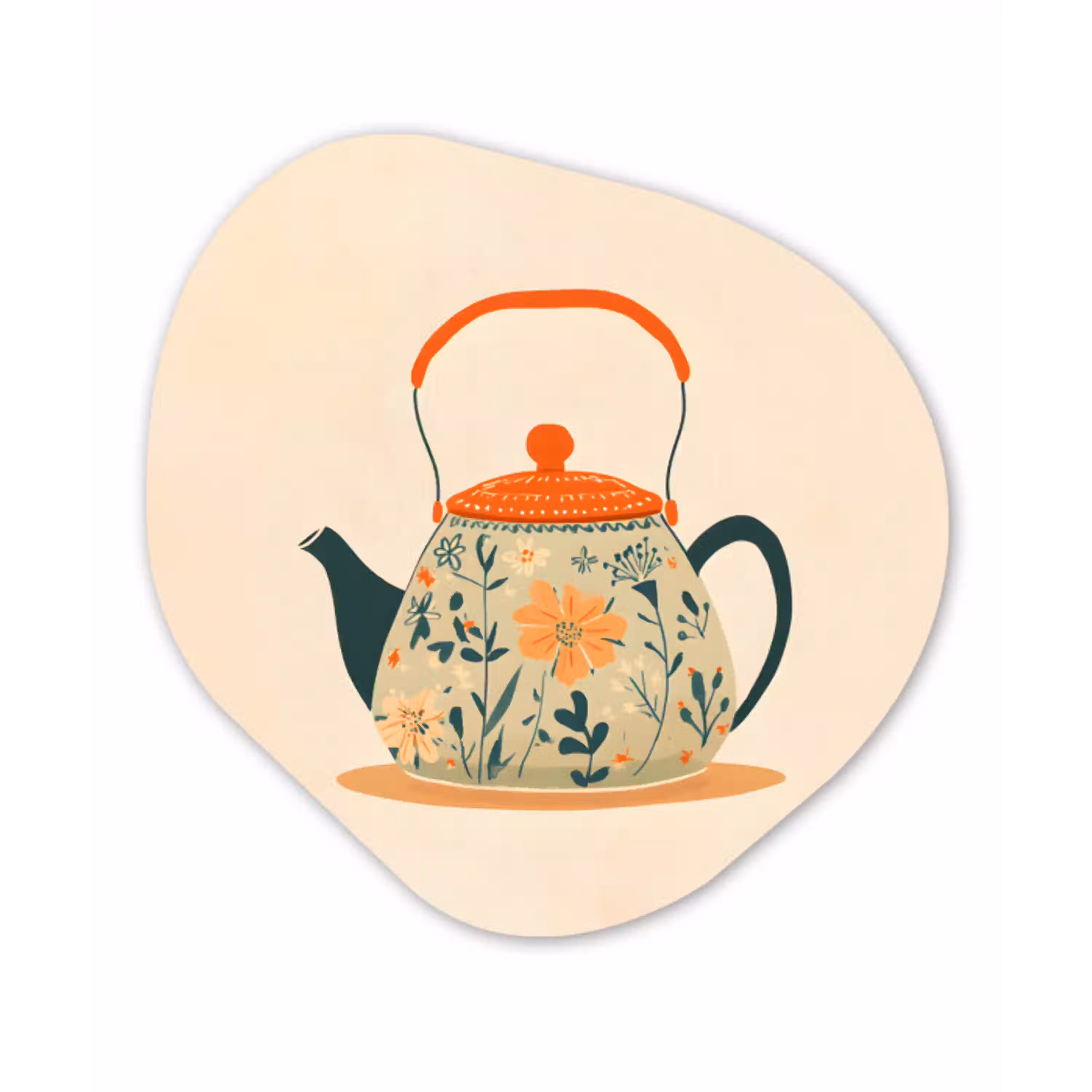 Oranje - Theepot - Bloemen - Bladeren Wandcirkel Organisch Forex 3mm klein -3d