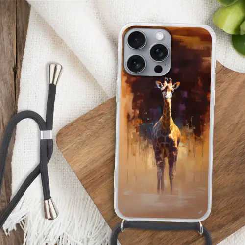 Giraf - Bruin - Abstract - Geschilderd Hoesje iPhone 16 Pro Max met koord klein -sfeer4