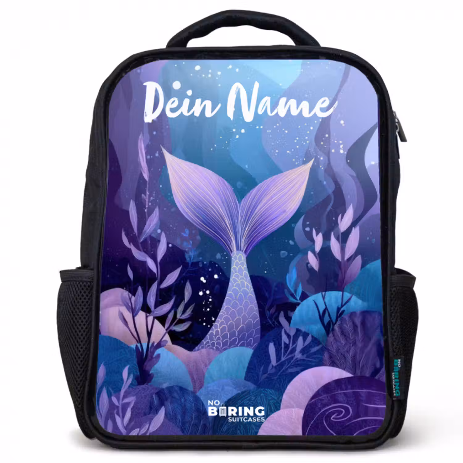 Kinderrucksack mit Namen - Schwarz - Meerjungfrau - Unterwasser - Lila - Blau