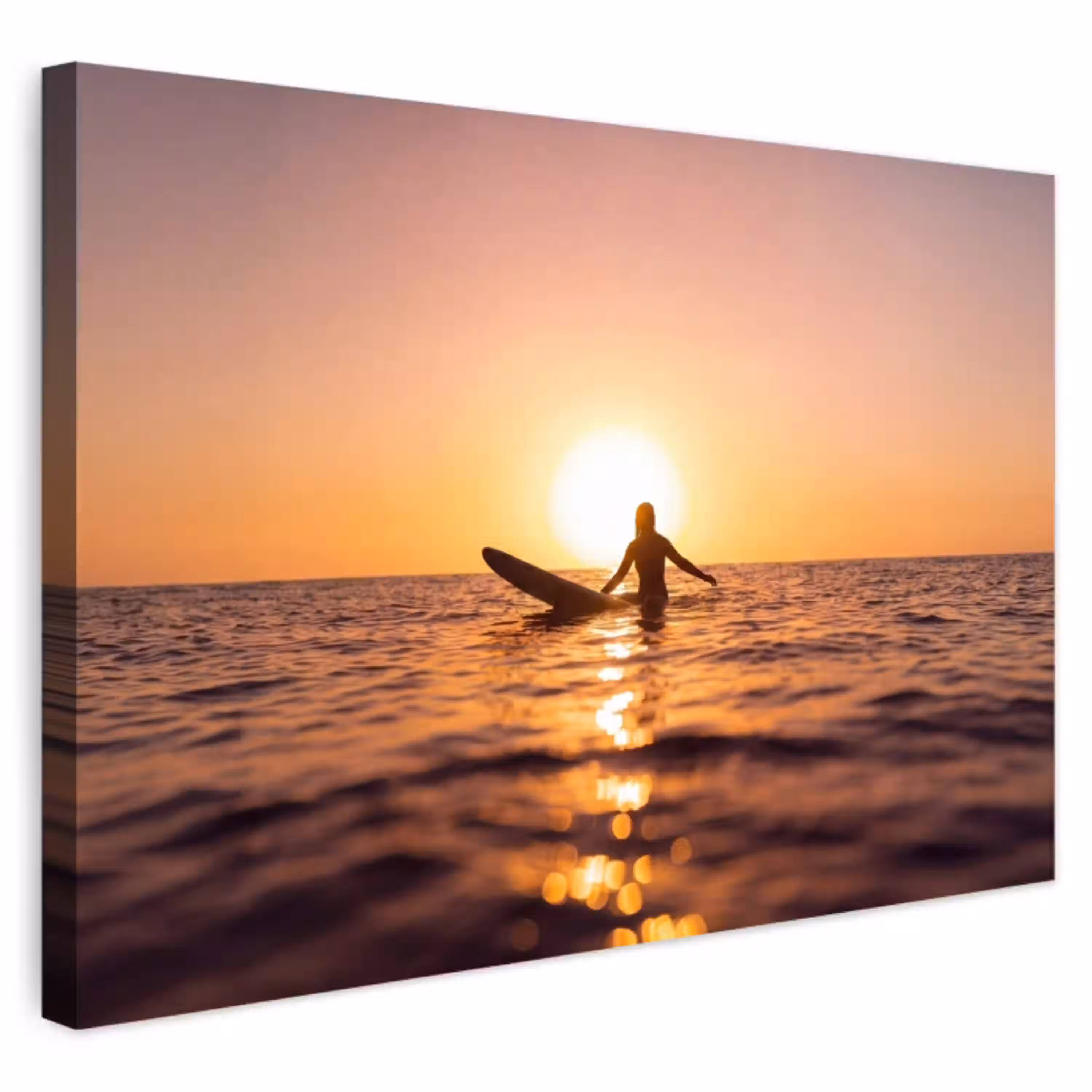 Persoon - Surfen - Zonsondergang - Zee - Oranje Tuinposter op houten frame 2 cm dik klein -3d