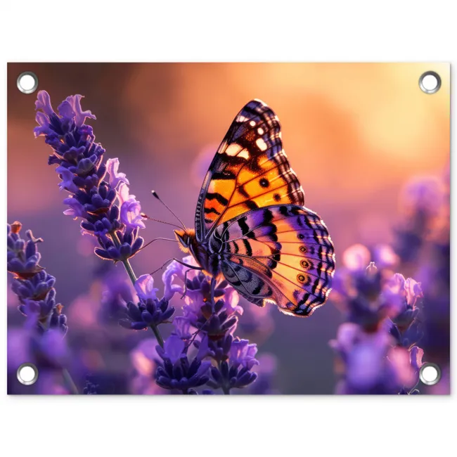 Vlinder op lavendel bij zonsondergang tuinposter los doek klein -3d