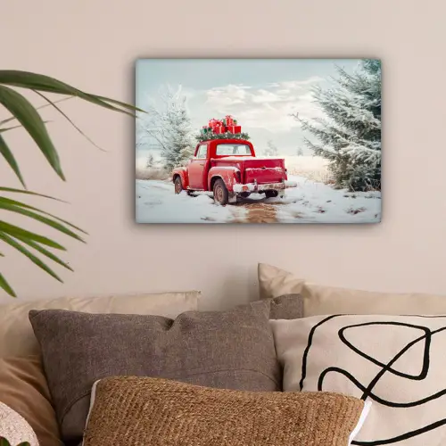 Auto - Rood - Cadeaus - Winter - Sneeuw - Kerst canvas 2cm klein -sfeer1
