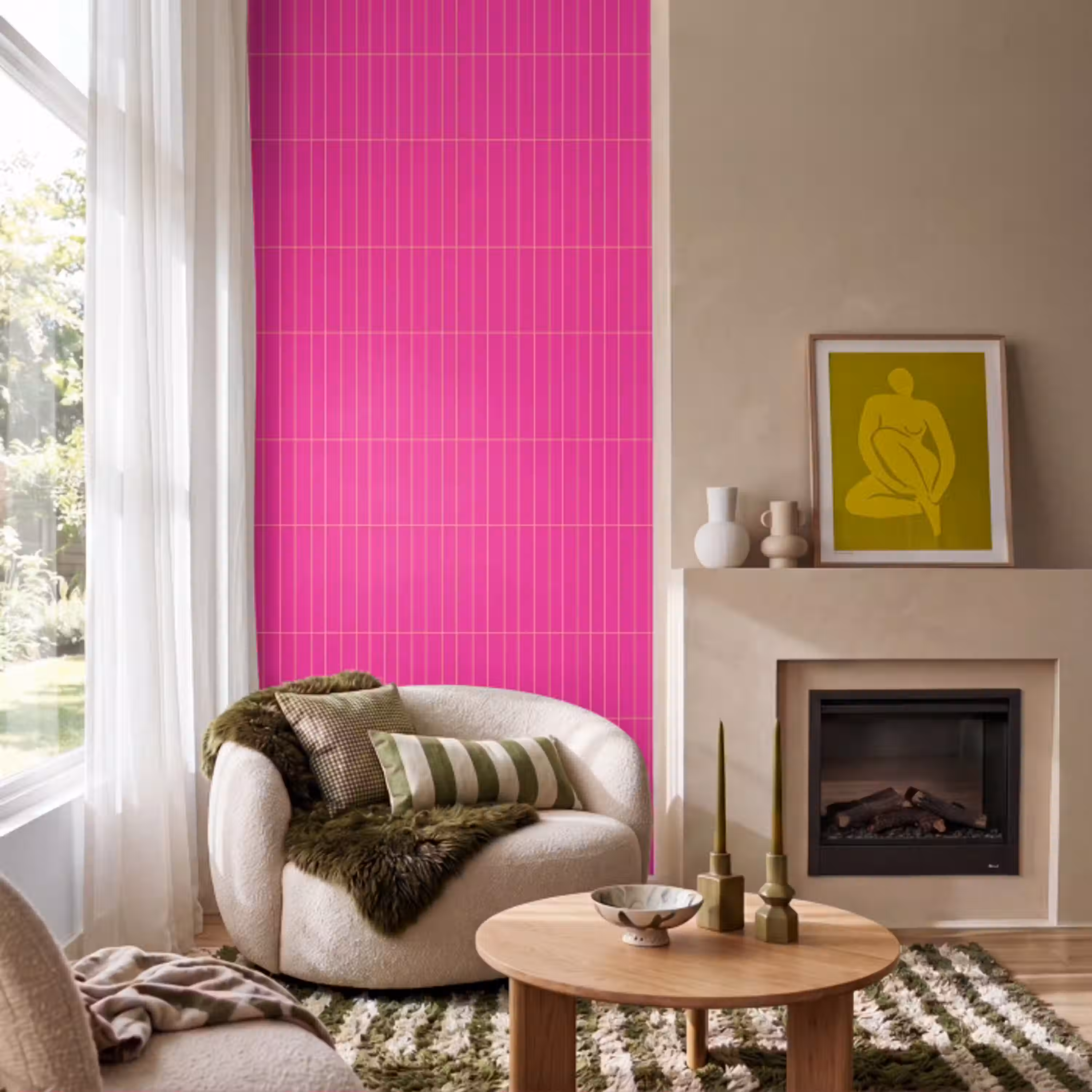Patroon - Tegel - Magenta - Roze Behang Vlies klein 1076 -sfeer2