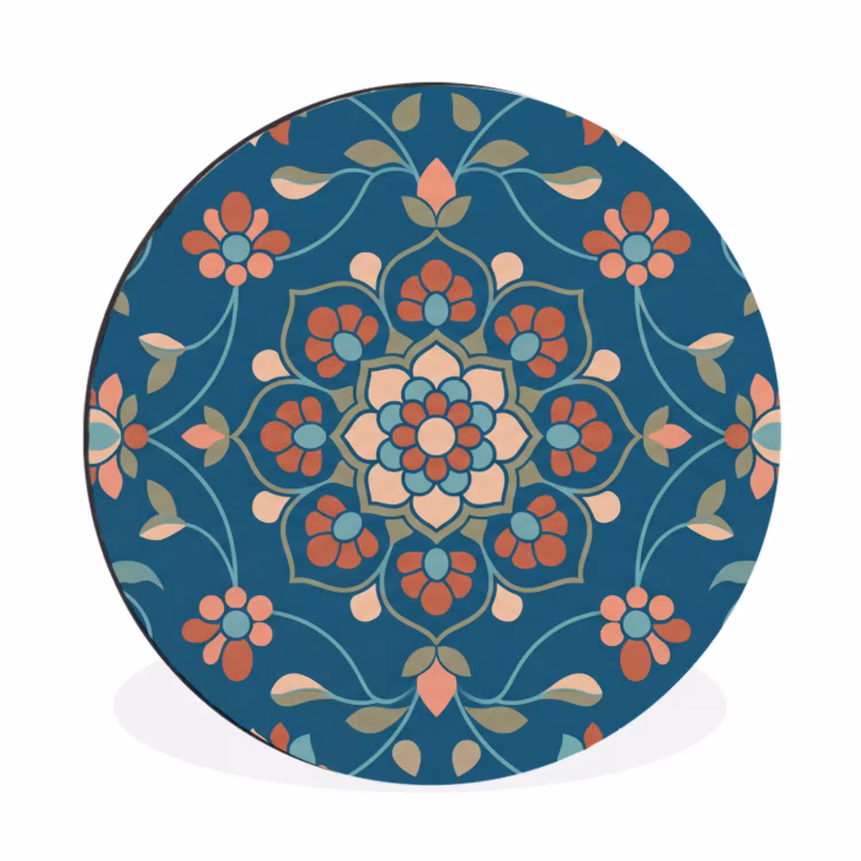 Bloemen - Patroon - Natuur - Ornament - Blauw Wandcirkel aluminium klein -3d