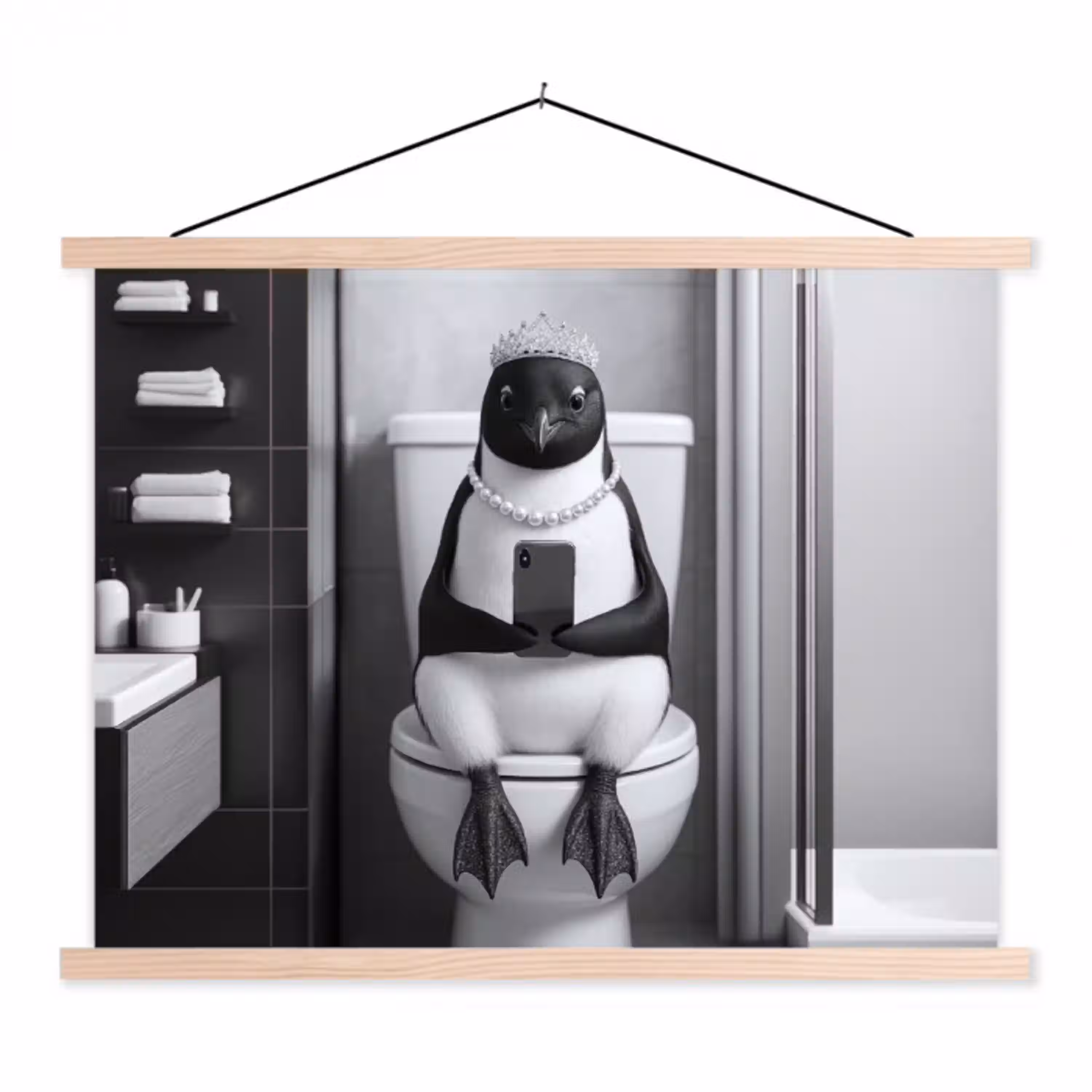 Pinguïn - Telefoon - Toilet - Zwart - Wit textielposter latten blank klein -3d