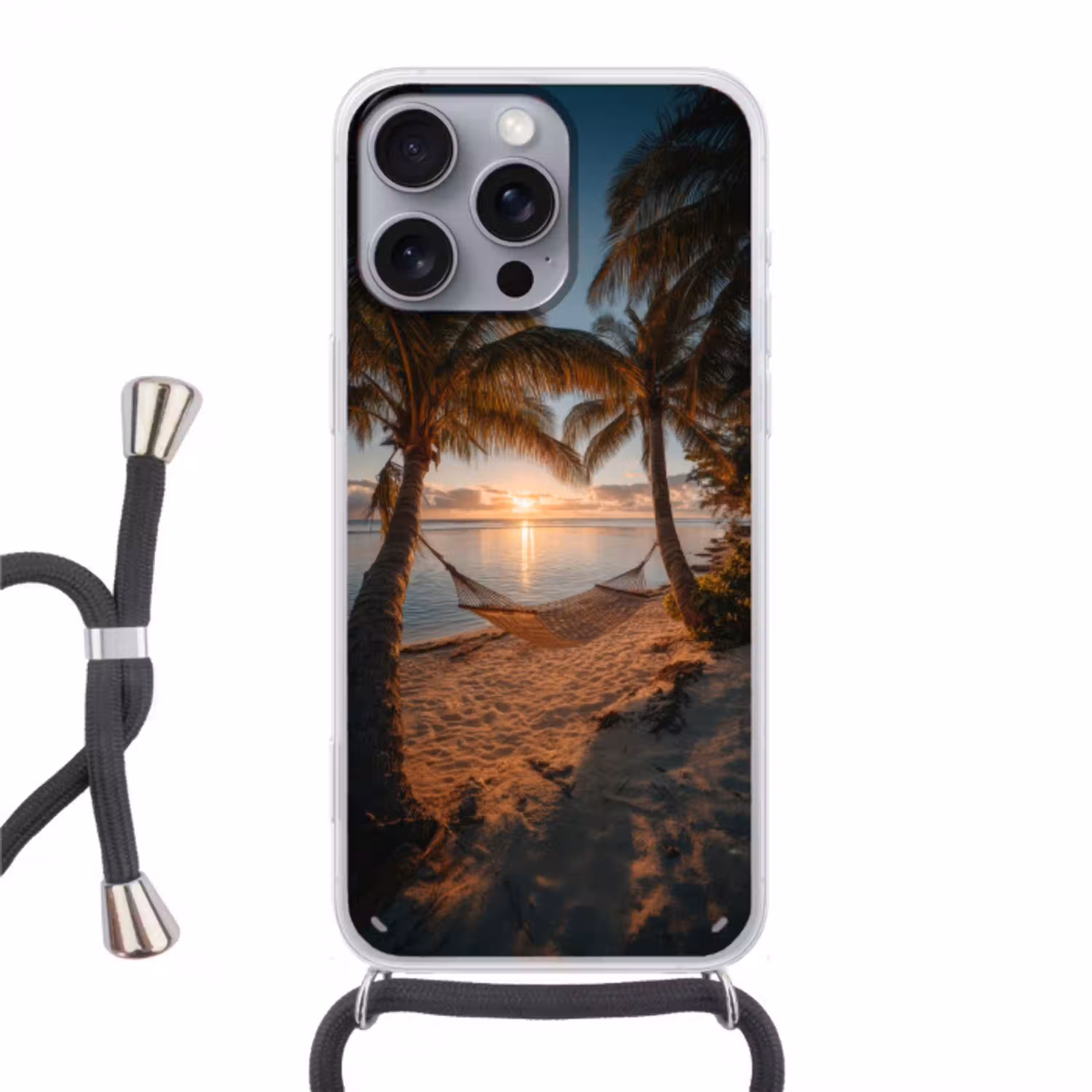 Palmbomen - Hangmat - Strand - Zonsondergang Hoesje iPhone 16 Pro Max met koord klein -3d