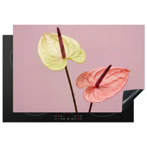 Bloemen - Anthuriums - Geel - Roze Inductie beschermer vinyl 3mm klein -3d