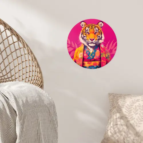 Tijger - Kimono - Planten - Roze Wandcirkel behangsticker klein -sfeer4