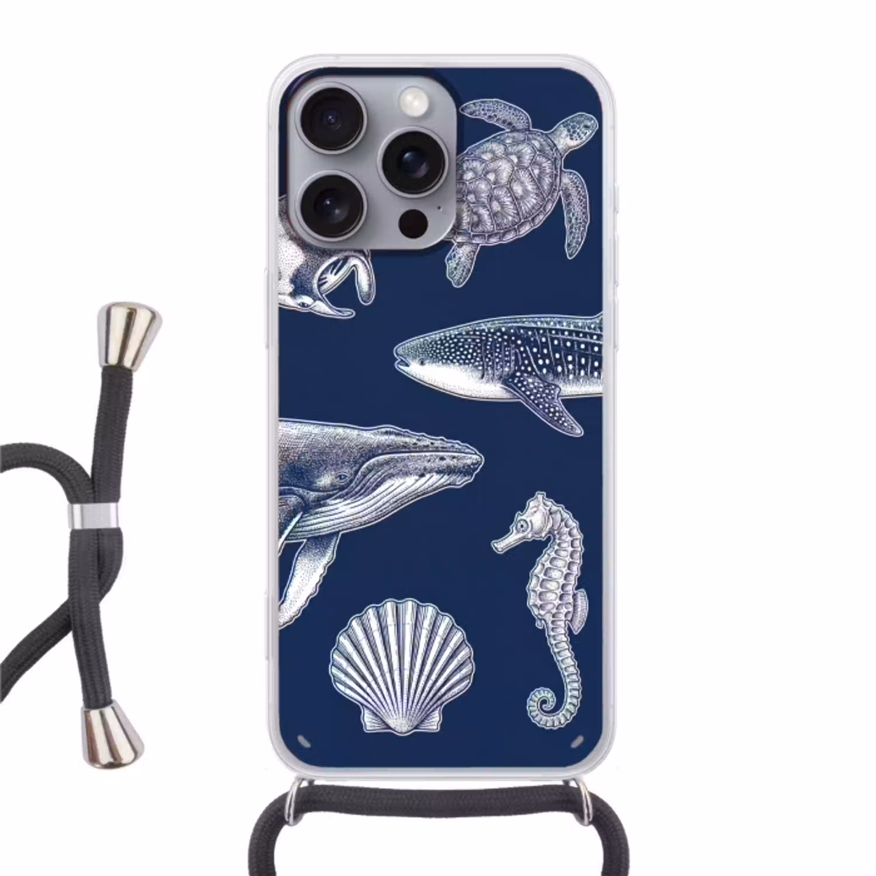 Dieren - Zeeleven - Oceaan - Graveren - Blauw Hoesje iPhone 16 Pro Max met koord klein -3d