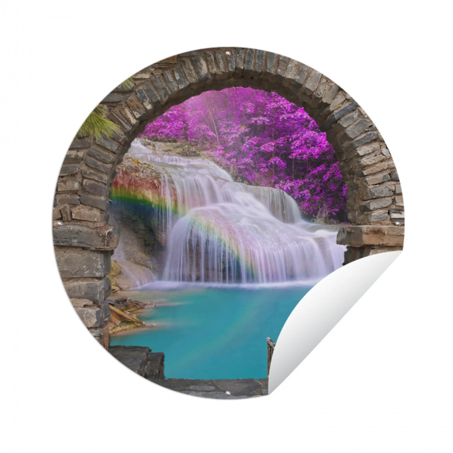 Bloemen - Regenboog - Waterval - Doorkijk Wandcirkel tuinposter met ringen klein -3d