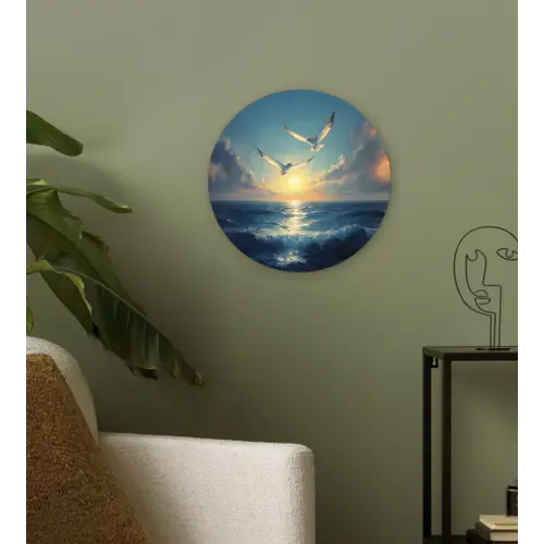 Meeuwen - Zee - Wolken -Blauw Wandcirkel kunststof plaat 5mm dik klein -sfeer3