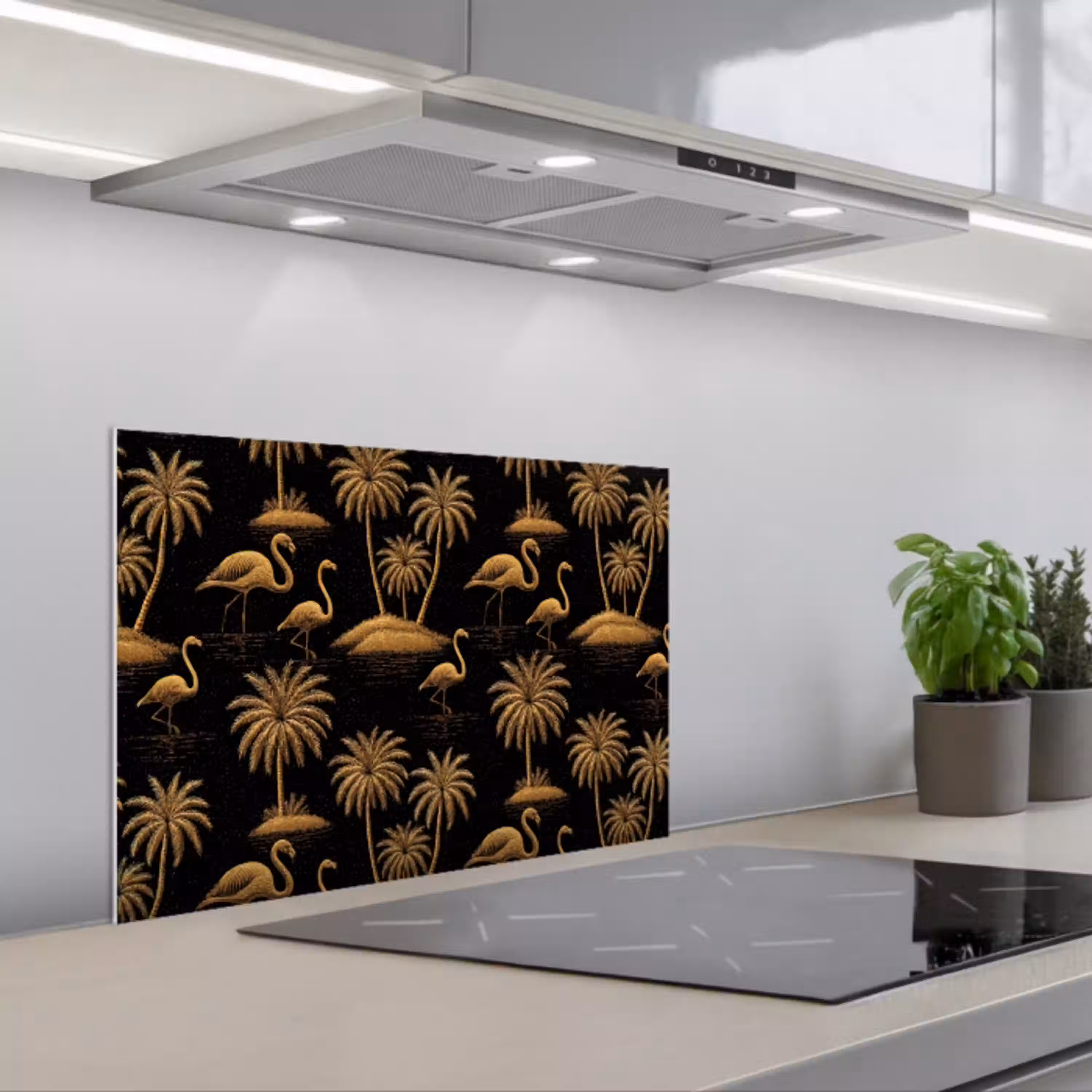 Flamingo - Palmbomen - Tropisch - Goud - Zwart keuken achterwand spatscherm klein 900 -3d_schuin