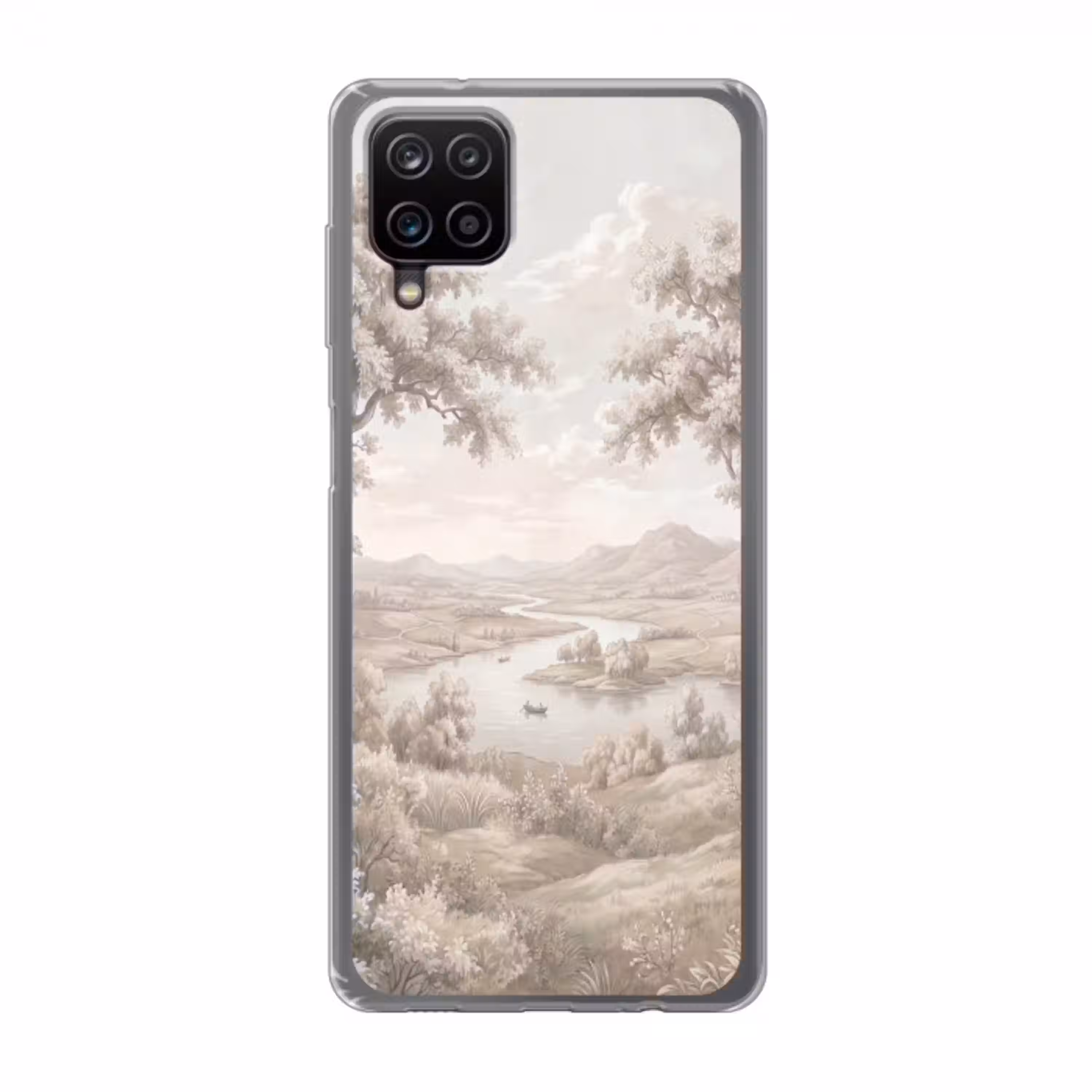 Rivierlandschap - Bergen - Natuur - Vintage - Beige Telefoonhoesje Samsung Galaxy A12 klein -3d