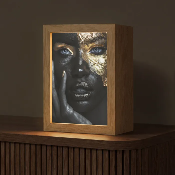 Vrouw - Goud - Portret - Modern - Zwart - Abstract Light Box met kabel (Tafellamp) klein -z3d_website