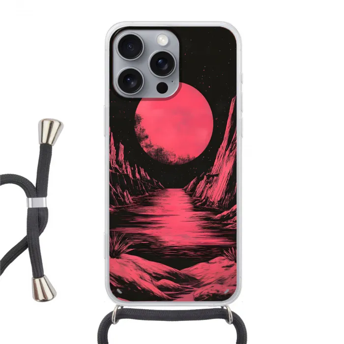 Maan - Felroze - Bergen - Rivier Hoesje iPhone 16 Pro Max met koord klein -3d