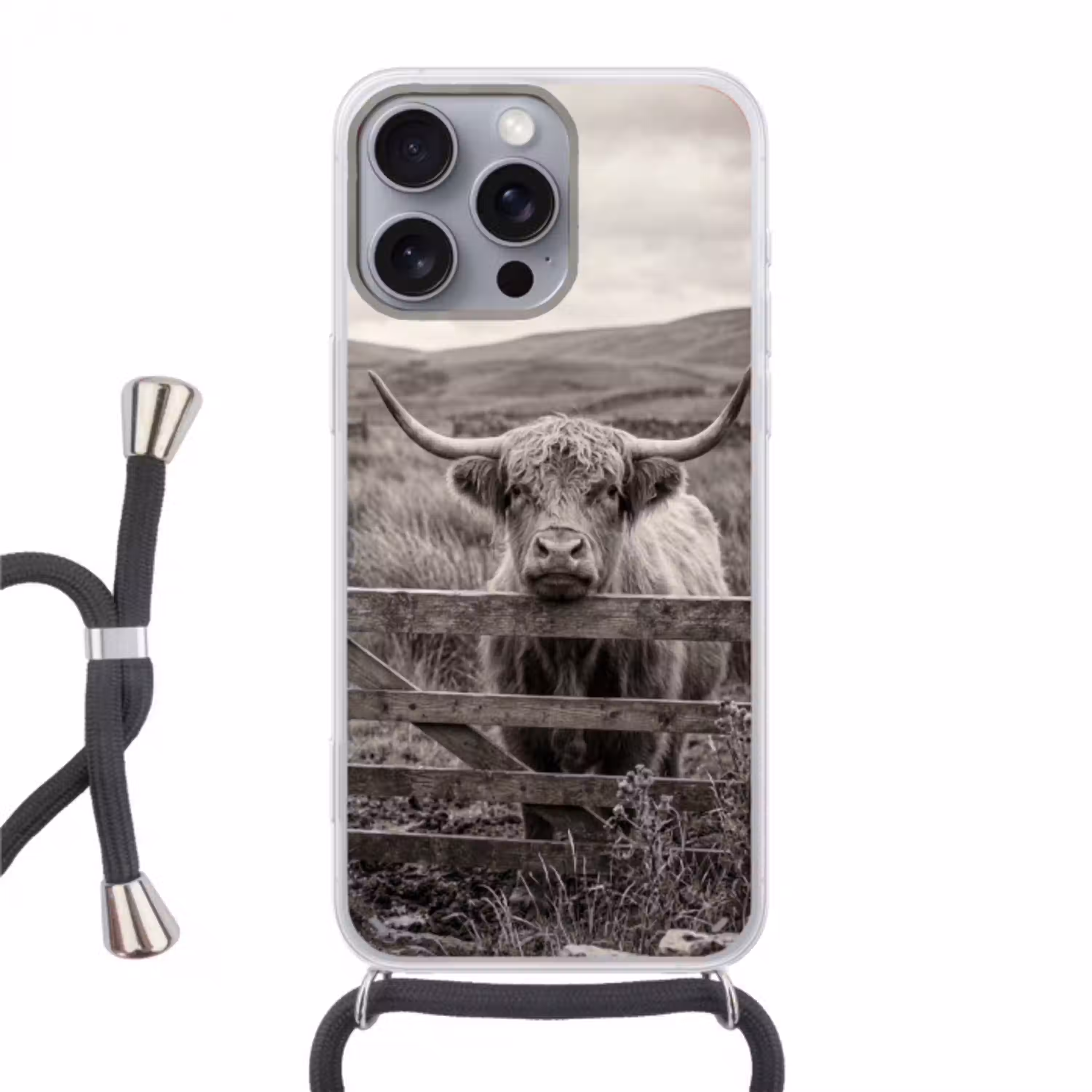 Schotse hooglander - Zwart - Wit - Hout Hoesje iPhone 16 Pro Max met koord klein -3d