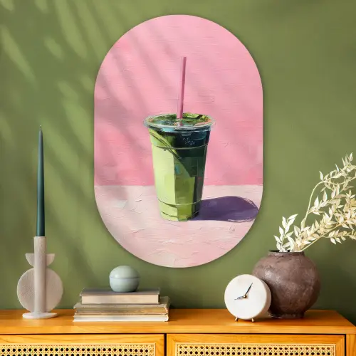 Beker - Rietje - Minimalistisch - Groen Wandcirkel Ovaal Glas middel -sfeer2