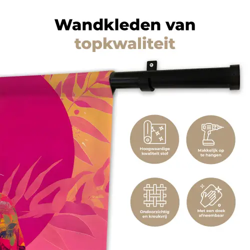 Tijger - Kimono - Planten - Roze Wandkleed katoen klein -sfeer2