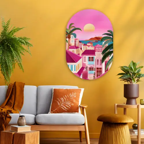 Stad - Roze - Palmbomen Wandcirkel Ovaal Glas middel -sfeer4