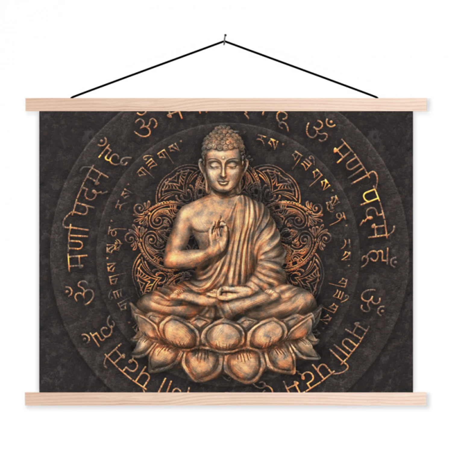 Boeddha - Mantra - Meditatie - Spiritueel - Koper textielposter latten blank klein -3d