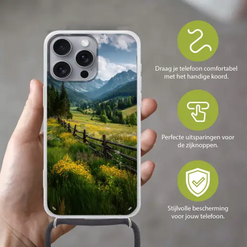 Veld - Hek - Bergen - Bloemen Hoesje iPhone 16 Pro Max met koord klein -sfeer2_NL