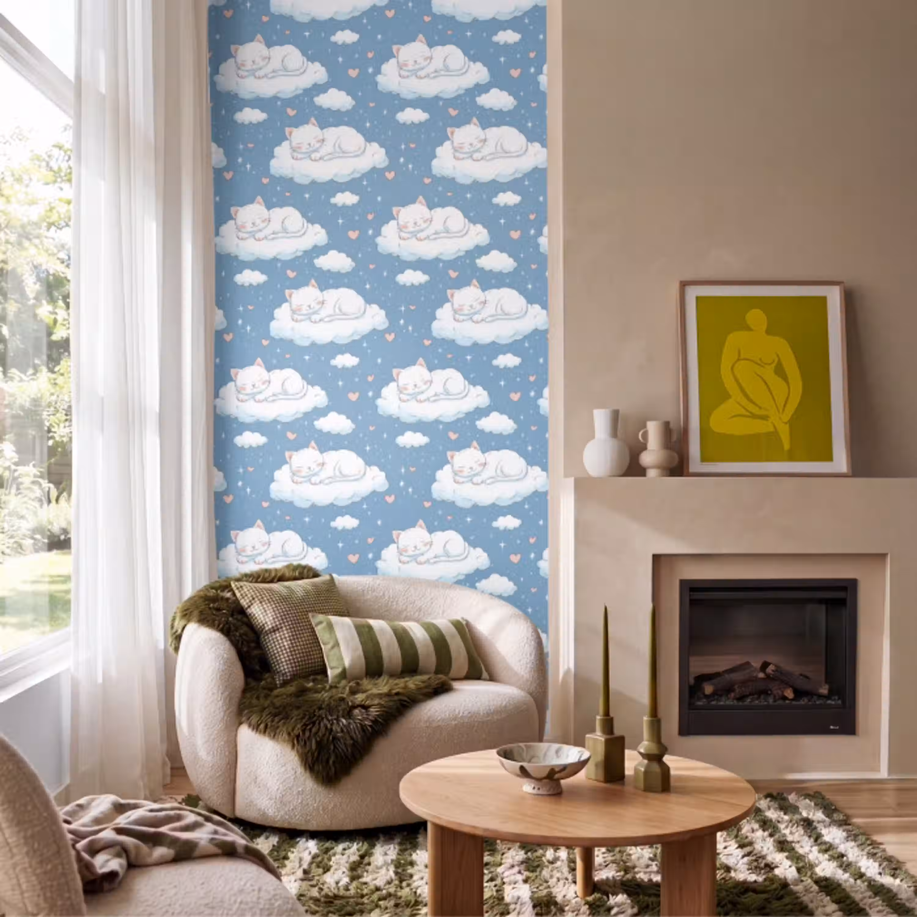 Kitten - Wolken - Blauw Behang Vlies klein 1076 -sfeer2